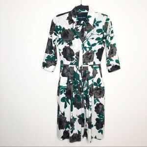 Samantha Sung Women's Audrey Floral Shirt Dress Green Pleated Collared Size 0